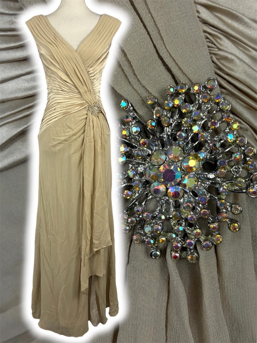 Tadashi Silk Pleated Sash Gown 8 Champagne Rhinestone Brooch Sleeveless V-Neck